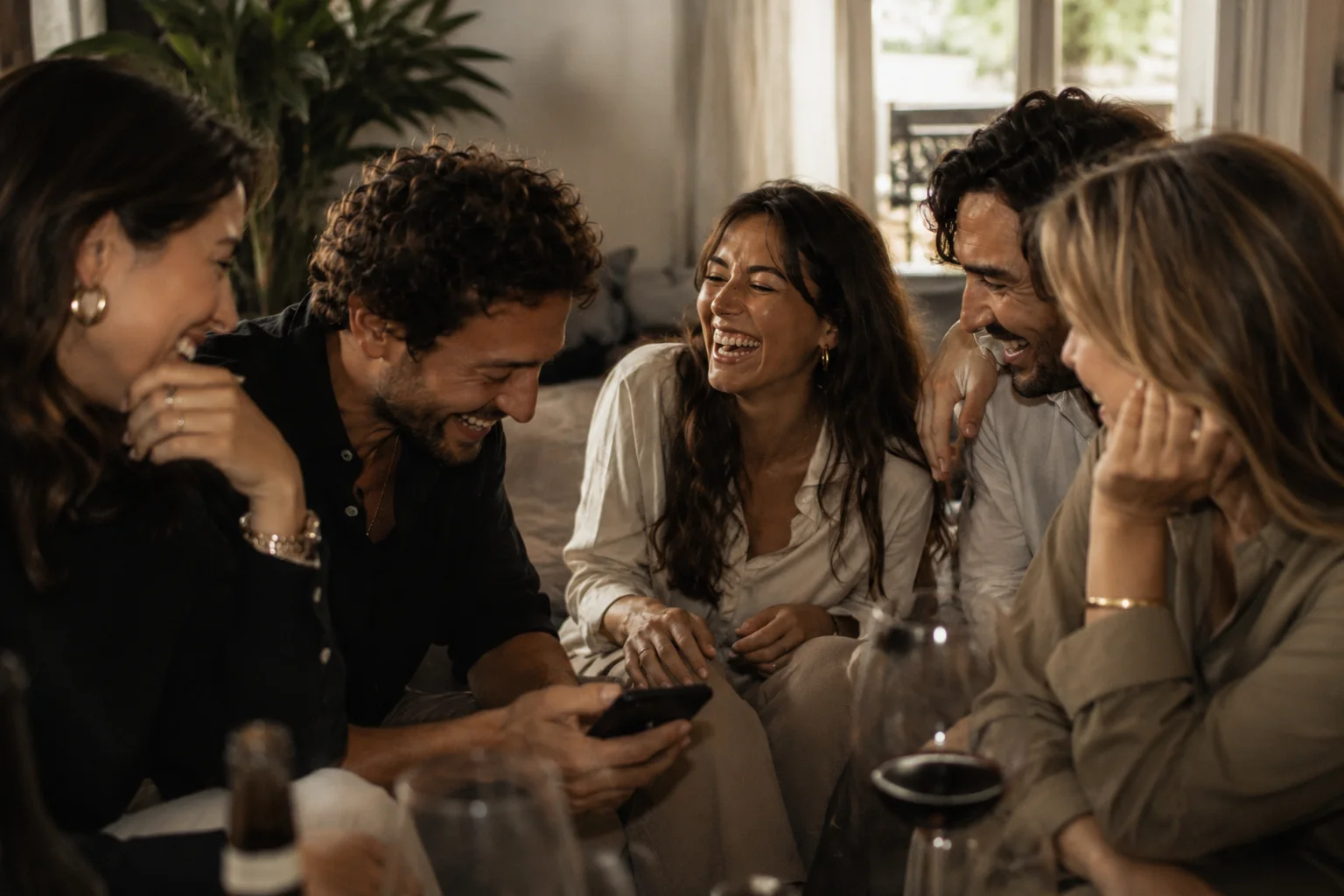Un groupe d'invités redécouvre ensemble les photos d'une soirée sur un téléphone.